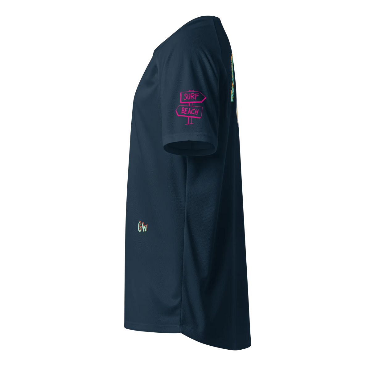 French navy unisex sports jersey: side view with pink 'SURF BEACH' badge and GW mark