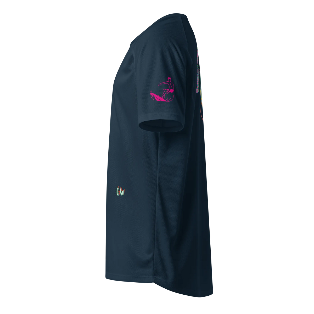 SurfLegend sports jersey in French navy blue, side view with pink surf rider print