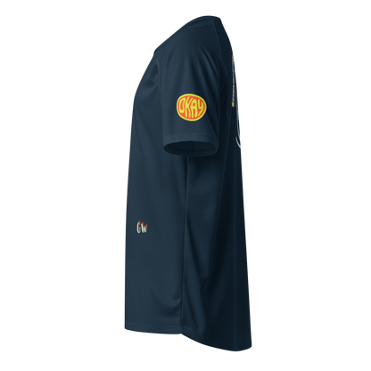French navy unisex sports jersey side view with neon logo patch and chest mark