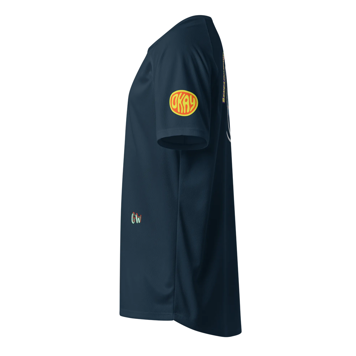 French navy unisex sports jersey side view with neon logo patch and chest mark
