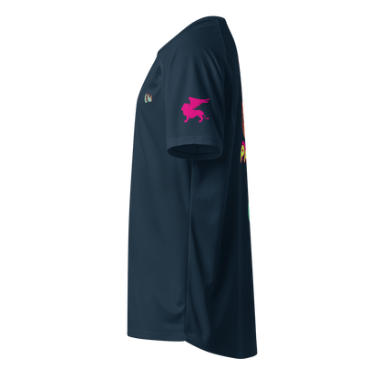 French navy sports jersey side view with pink horse logo
