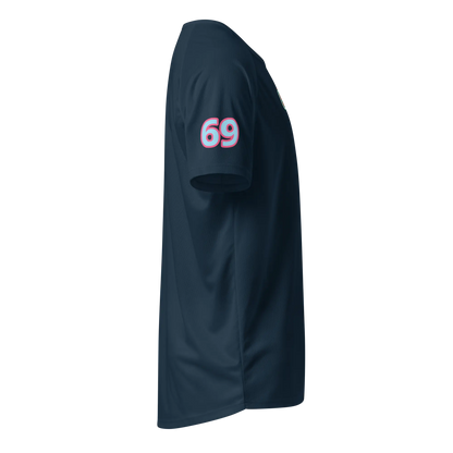 Unisex sports jersey French navy, sleeve print “69” pink-and-blue