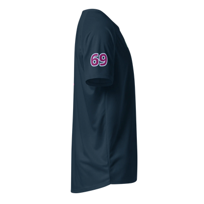 French navy unisex sports jersey side with “69” on sleeve