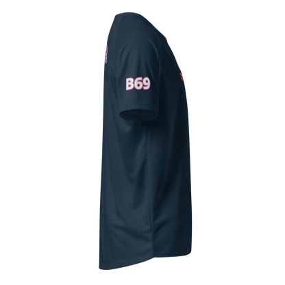 French navy unisex sports jersey side view, sleeve B69 print