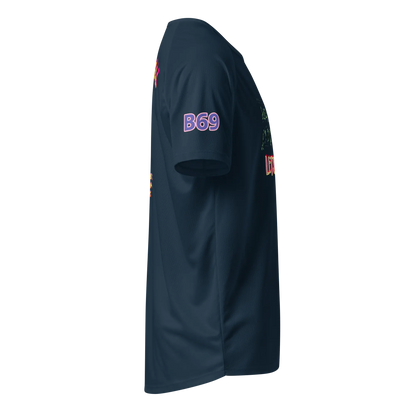 Unisex sports jersey, French navy, sleeve side panel with “B69” print
