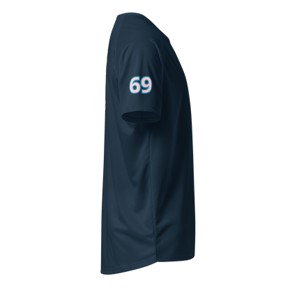 French navy sports jersey side view with '69' on sleeve