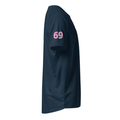 French navy sports jersey sleeve with “69” printed in pink and purple