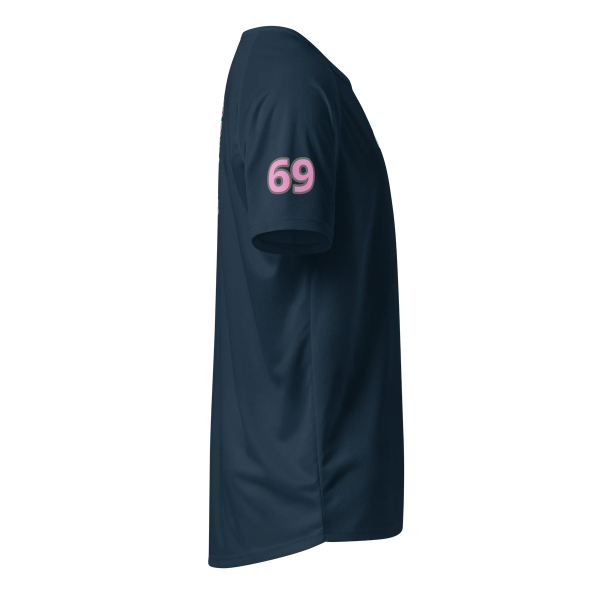 French navy sports jersey sleeve with “69” printed in pink and purple