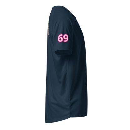 French navy sports jersey sleeve with pink '69' print