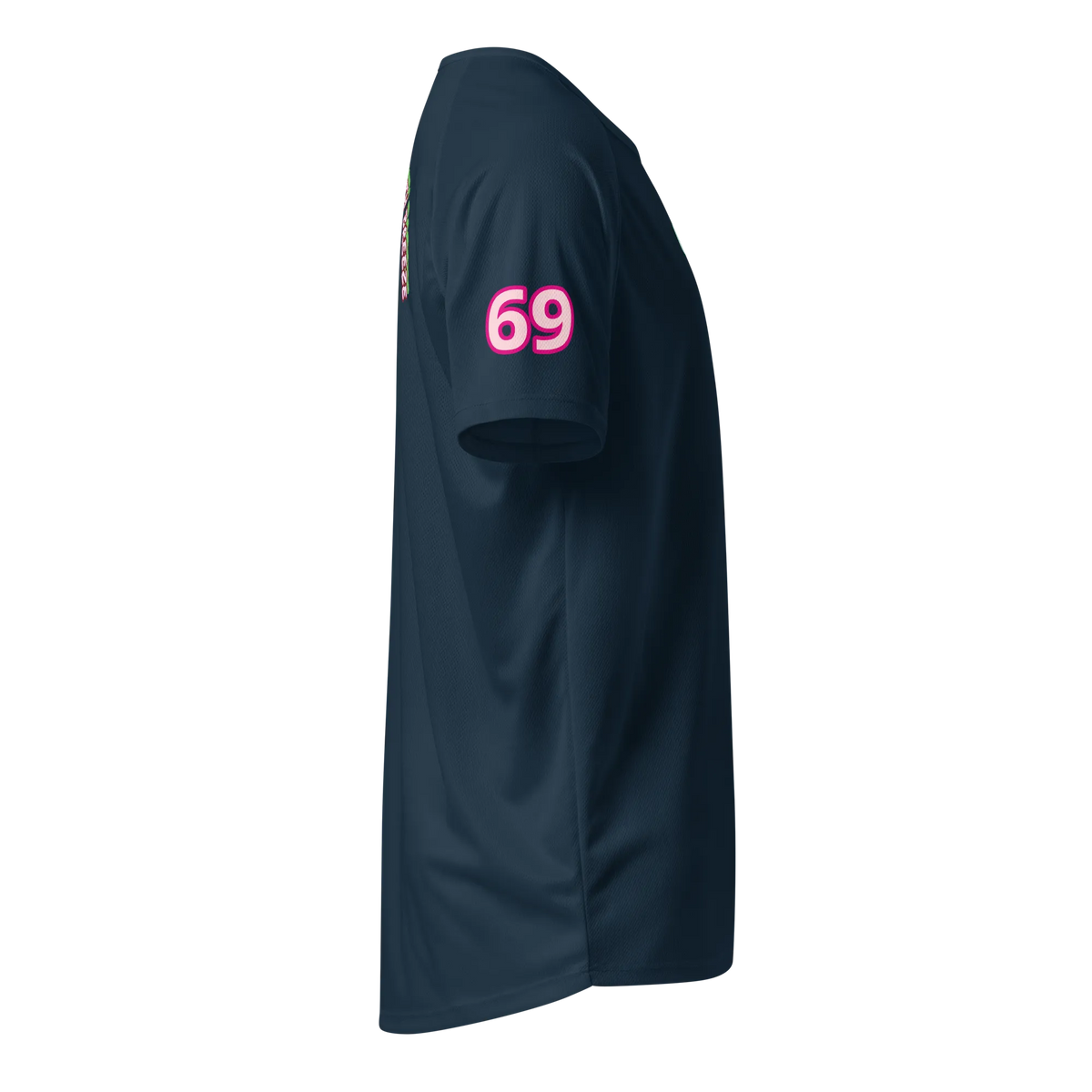 French navy sports jersey sleeve with pink '69' print