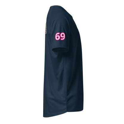 French navy sports jersey sleeve with pink '69' print