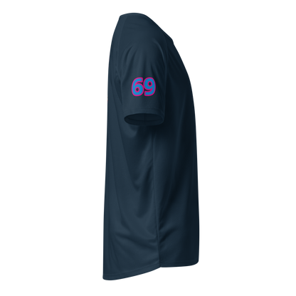 French navy sports jersey, side view with blue 69 number on sleeve