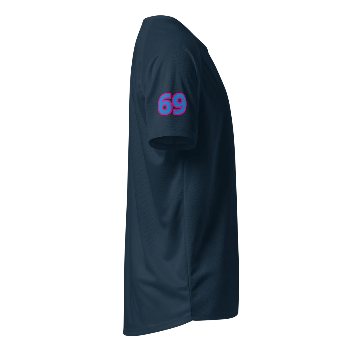French navy sports jersey, side view with blue 69 number on sleeve