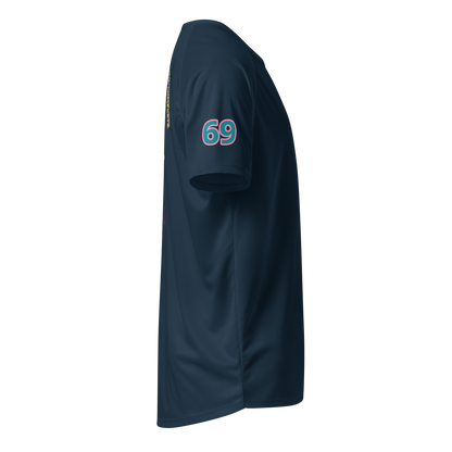 French navy unisex sports jersey sleeve side with “69” graphic