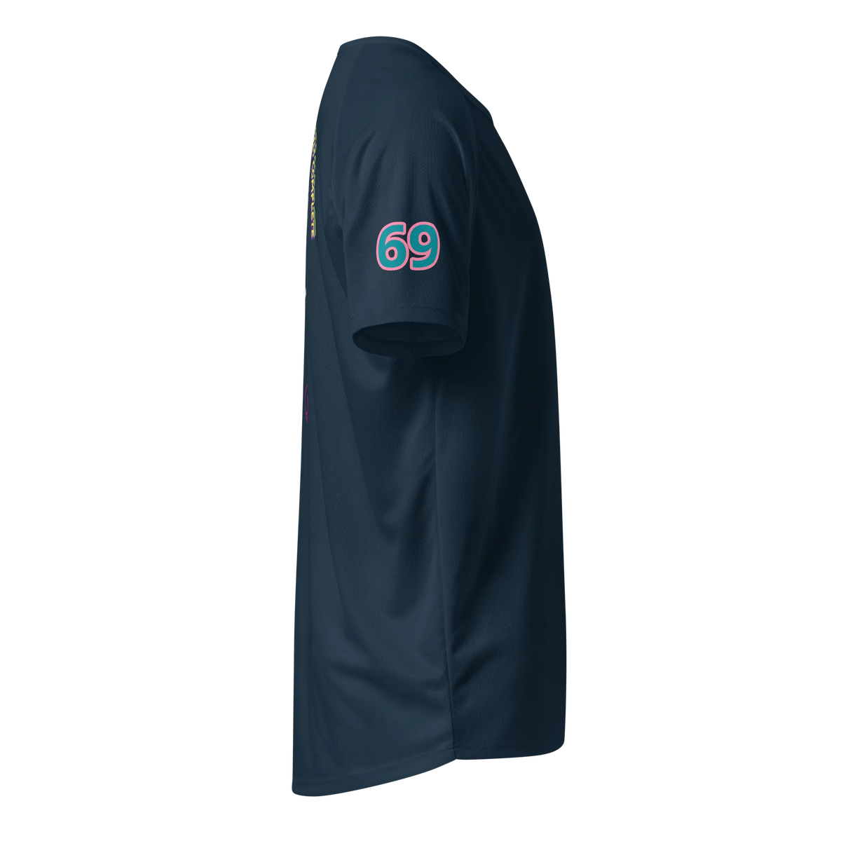 French navy unisex sports jersey sleeve side with “69” graphic