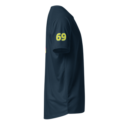 French navy sports jersey sleeve with “69” neon-yellow print
