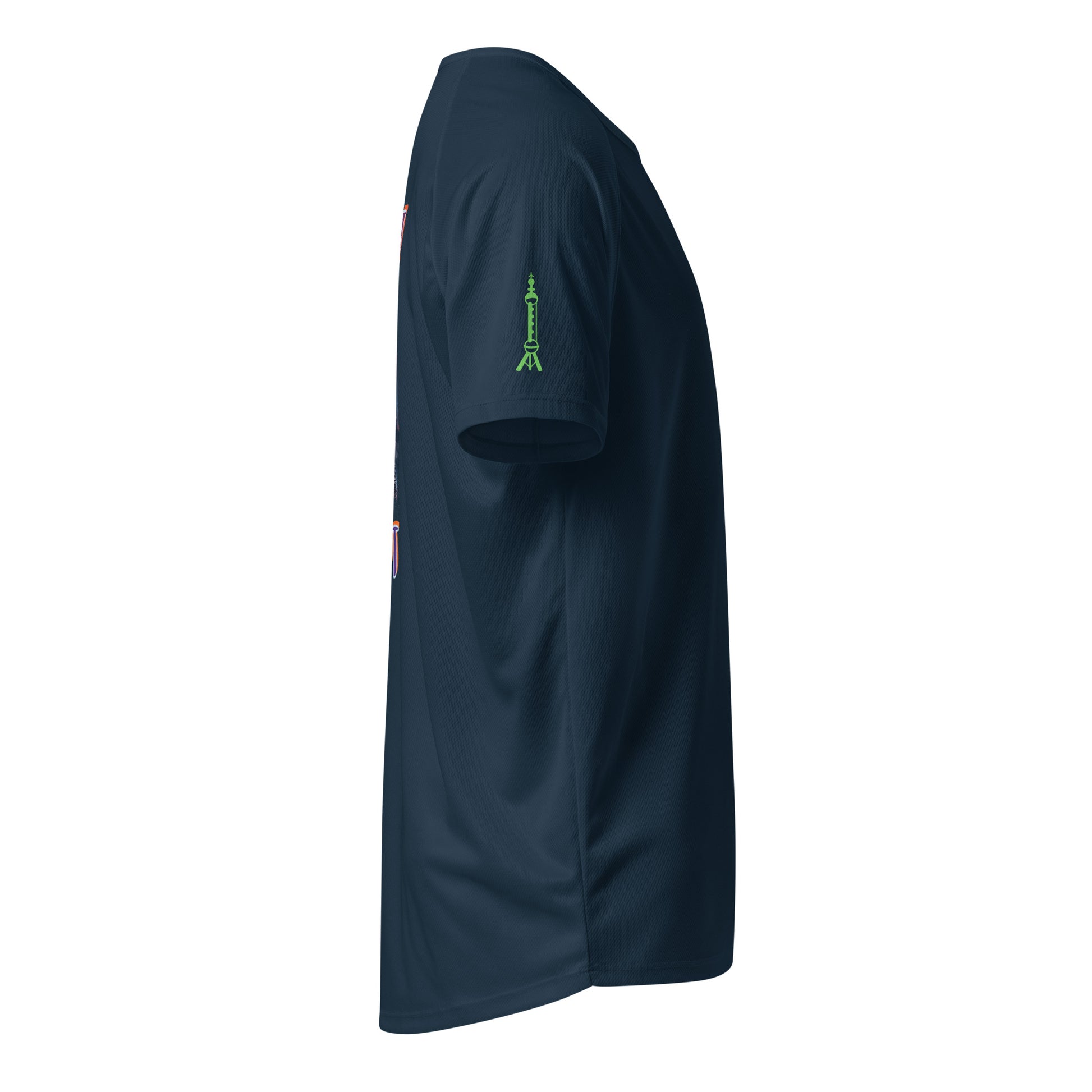 French navy sports jersey, side view with small green tower emblem on sleeve