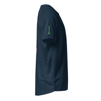 French navy sports jersey, side view with small green tower emblem on sleeve