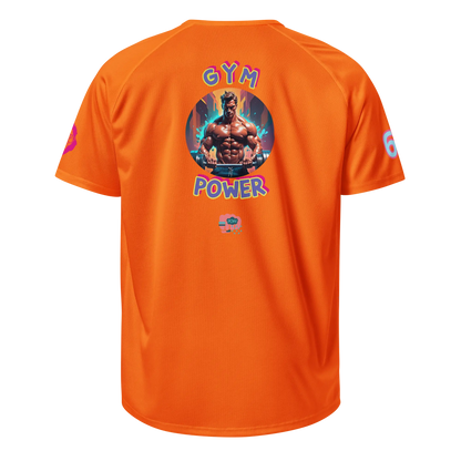 Neon orange sports jersey back with “GYM POWER” graphic and small chest emblem