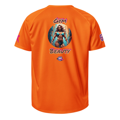 Neon orange unisex sports jersey, back print with 'Gym Beauty' graphic and lip icon