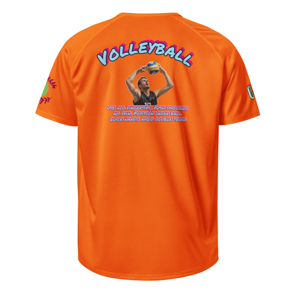 Neonoranges Sporttrikot mit großem Rückendruck und Text