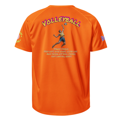 Unisex sports jersey, neon orange; back shows “VOLLEVBALL” and jumping figure