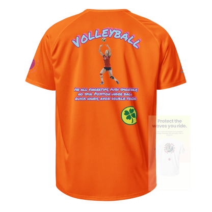 Unisex sports jersey (neon orange) hinten mit „VOLLEYBALL“-Print, Spieler-Grafik & Text