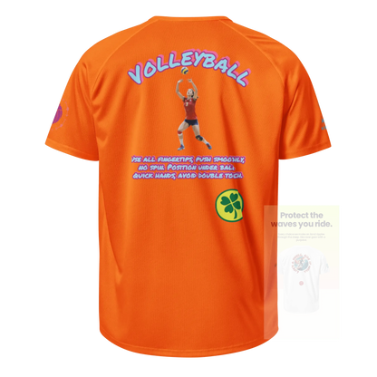 Unisex sports jersey (neon orange) hinten mit „VOLLEYBALL“-Print, Spieler-Grafik & Text