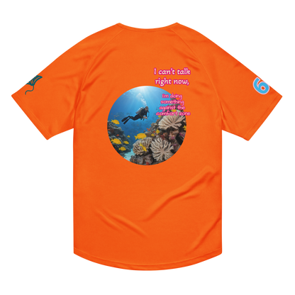 Unisex sports jersey, orange with back ocean graphic and pink slogan