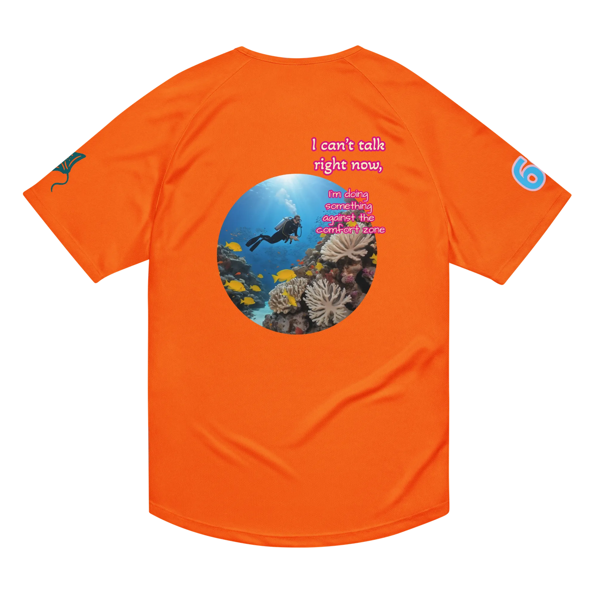 Unisex sports jersey, orange with back ocean graphic and pink slogan