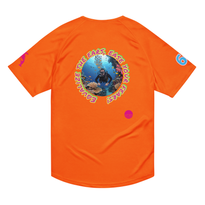 Unisex sports jersey, neon orange, circular diver graphic on back with small chest logo
