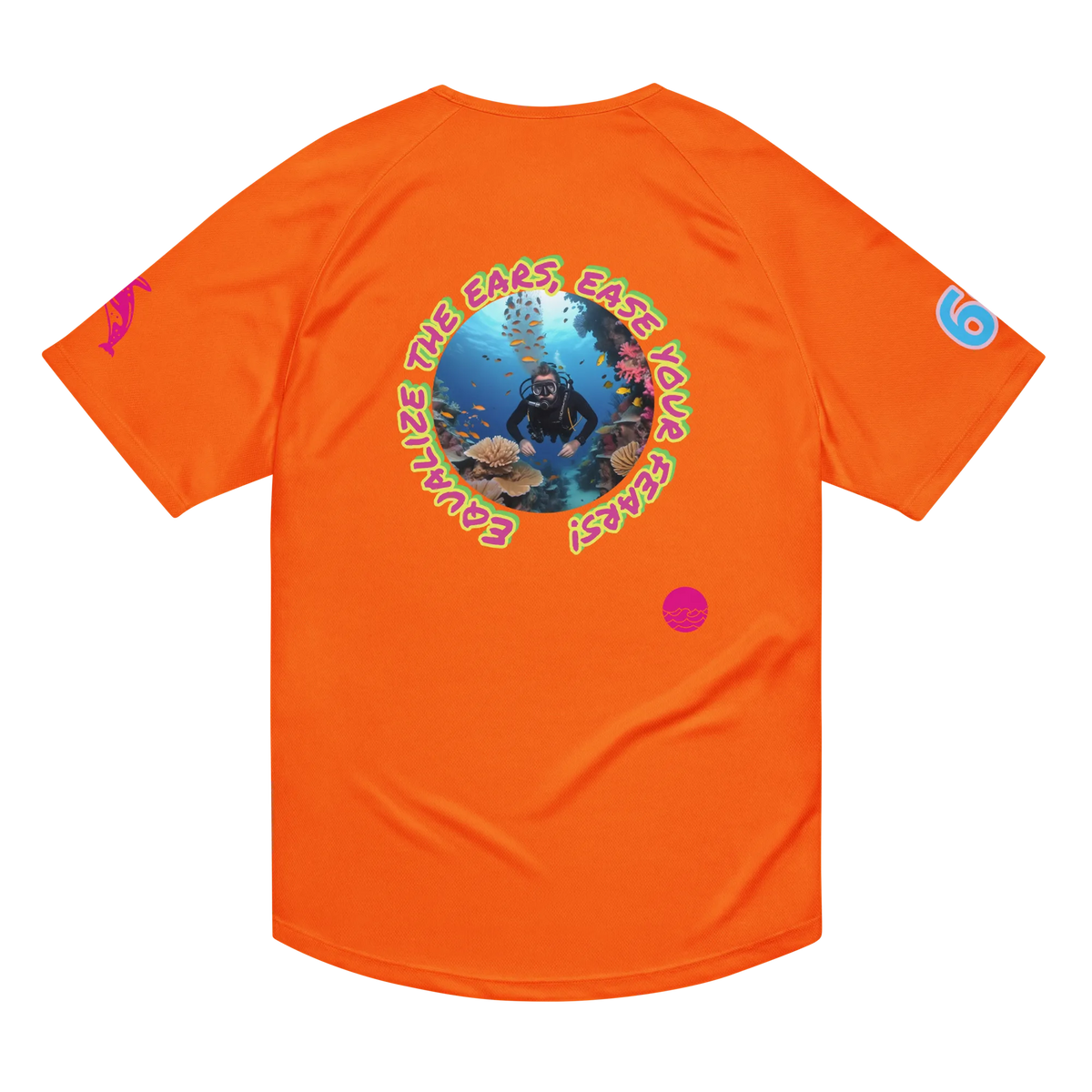 Unisex sports jersey, neon orange, circular diver graphic on back with small chest logo