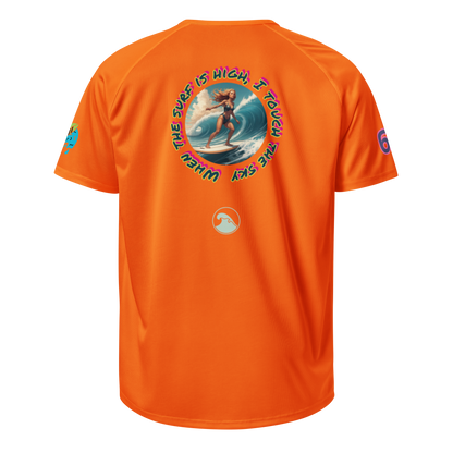 Neon orange sports jersey back with “The Super High …” surf graphic