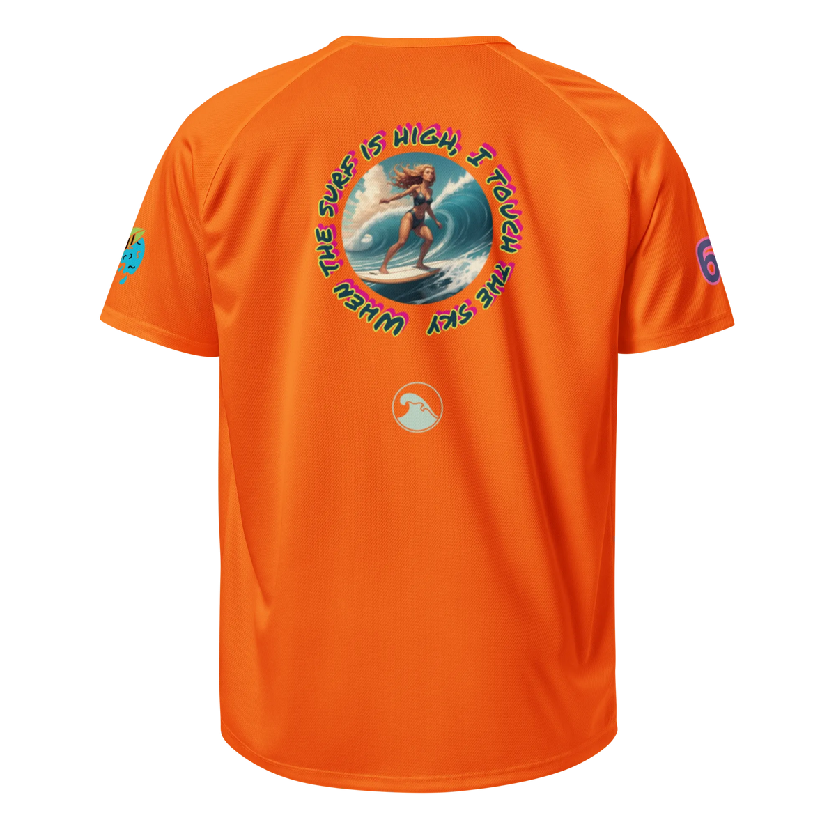 Neon orange sports jersey back with “The Super High …” surf graphic
