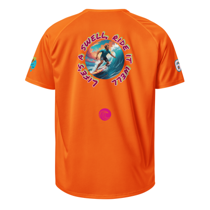 Sport-Jersey, neon-orange, Rückansicht mit farbigem Surf-Design und Kreislogo