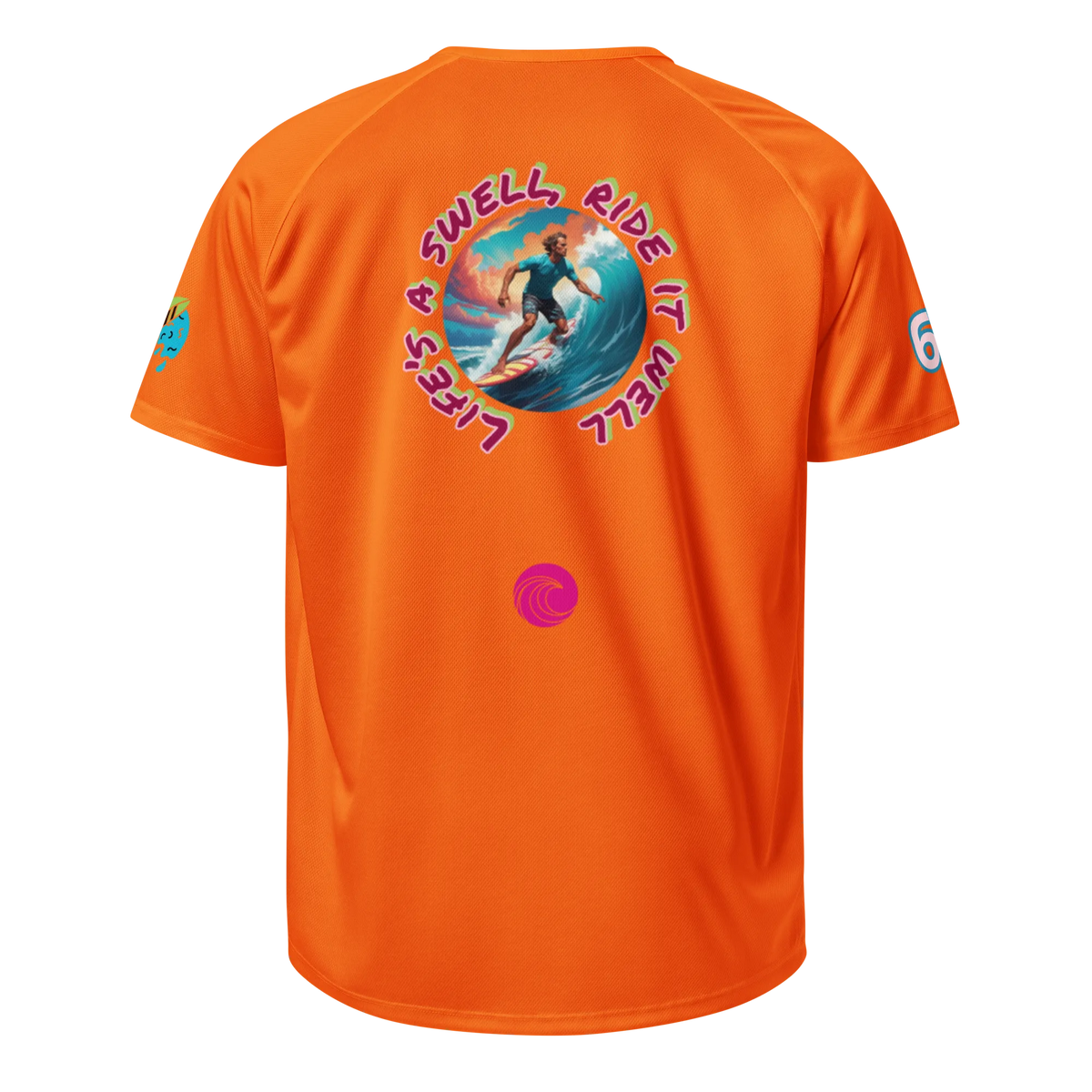 Sport-Jersey, neon-orange, Rückansicht mit farbigem Surf-Design und Kreislogo