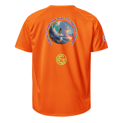 Neon orange sports jersey, back print with surf graphic and circular logo