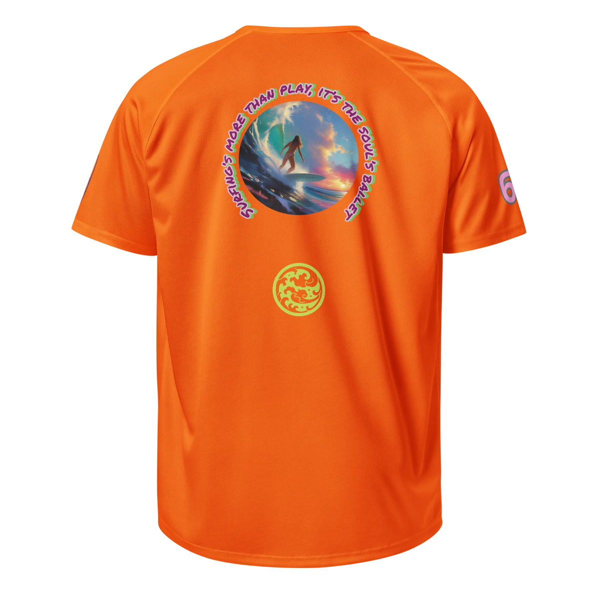Neon orange sports jersey, back print with surf graphic and circular logo