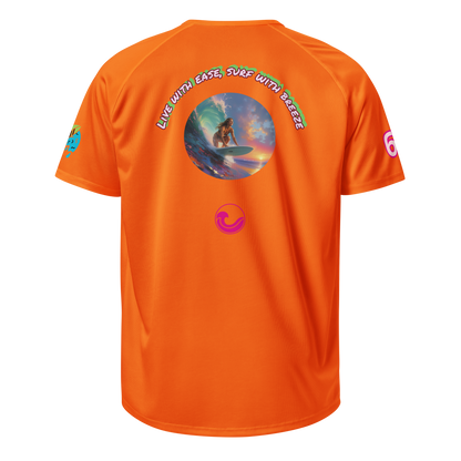 Neon orange sports jersey, back view with circular surf graphic and small chest logo