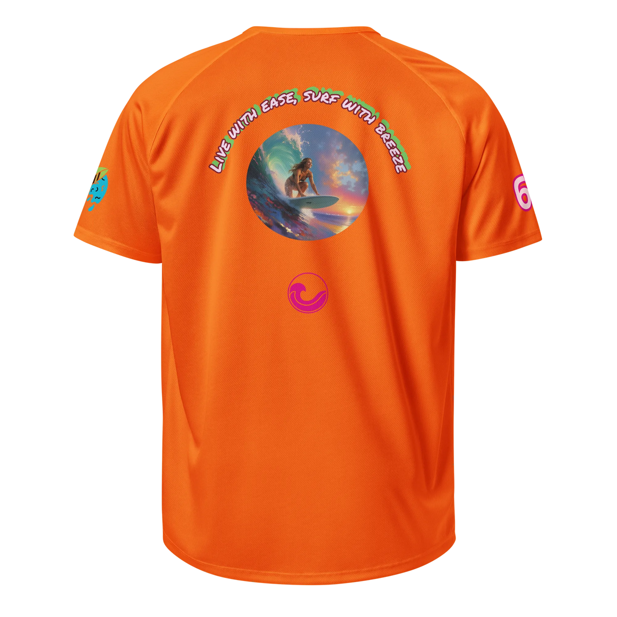 Neon orange sports jersey, back view with circular surf graphic and small chest logo