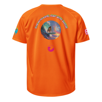 Neon orange sports jersey, back view with circular surf graphic and small chest logo