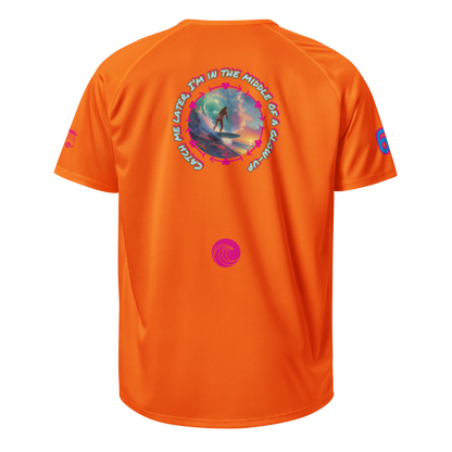 Neon orange sports jersey, back view with circular surf graphic and pink wave logo