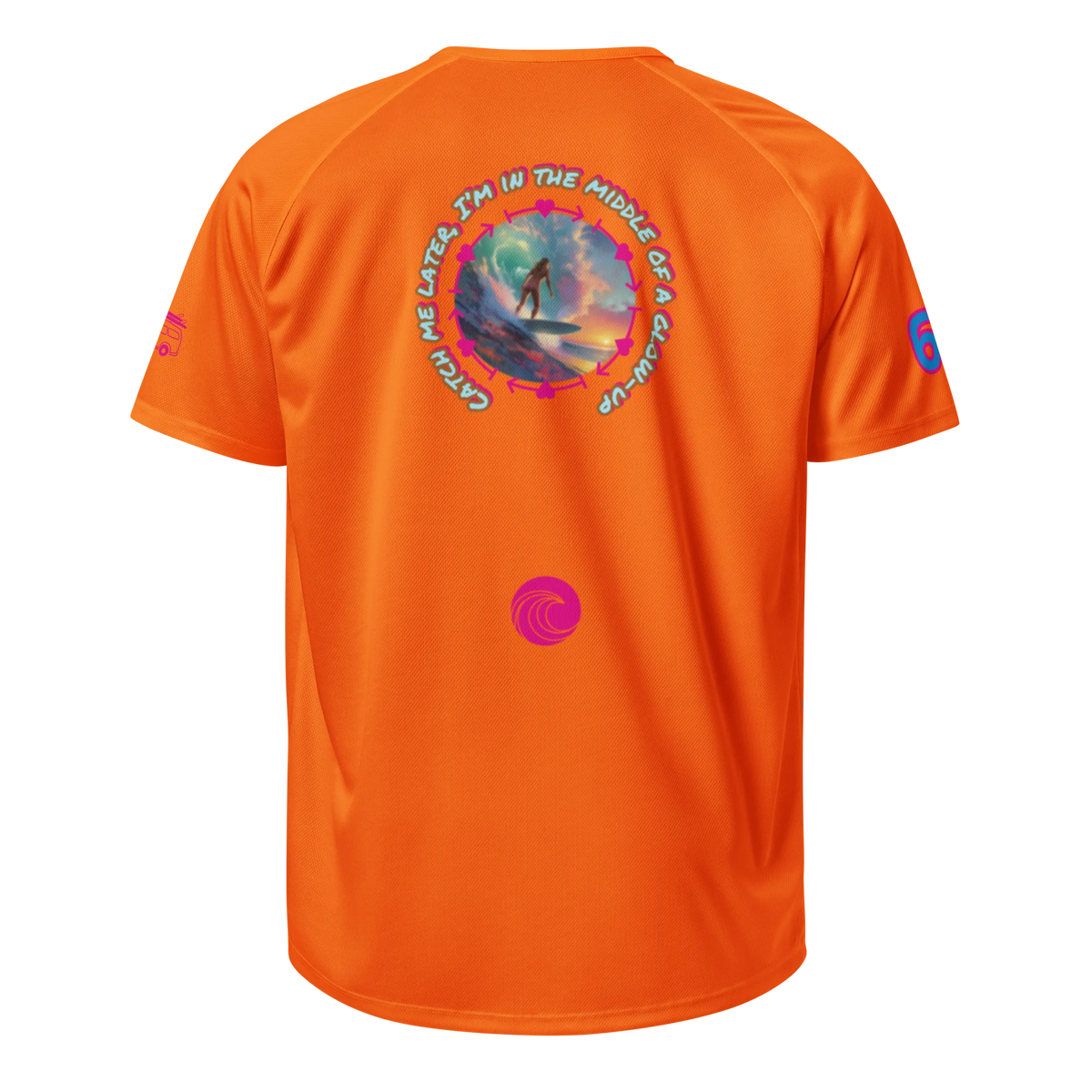 Neon orange sports jersey, back view with circular surf graphic and pink wave logo
