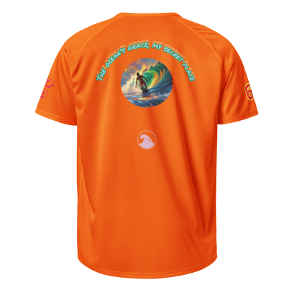 Neon orange sports jersey, back view with circular wave graphic and “The Dean’s…” text