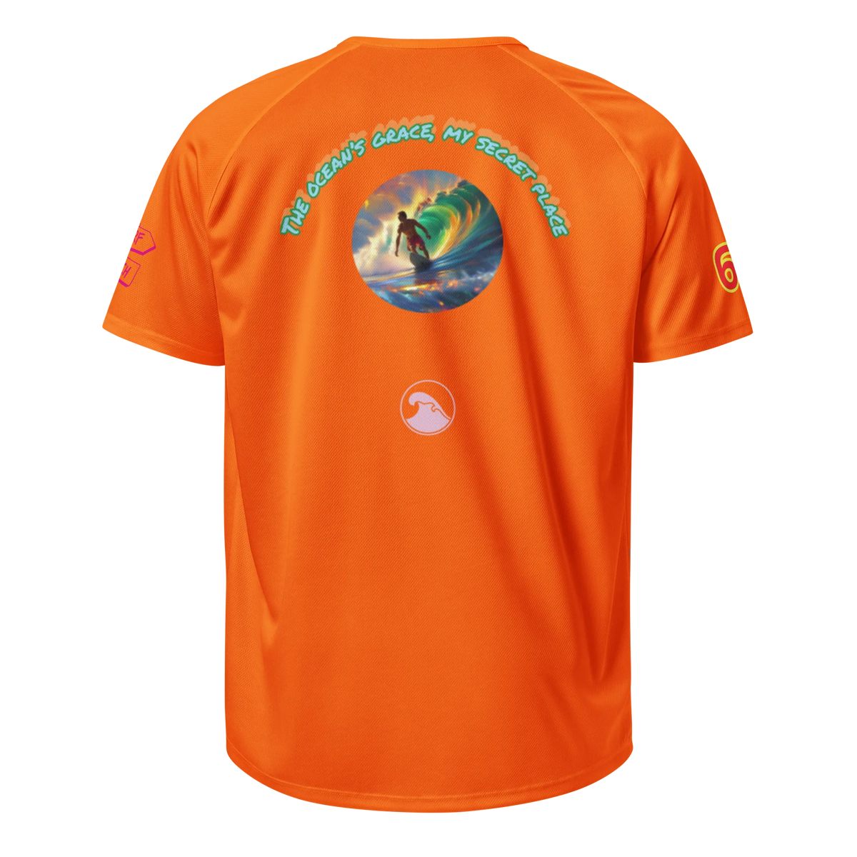 Neon orange sports jersey, back view with circular wave graphic and “The Dean’s…” text