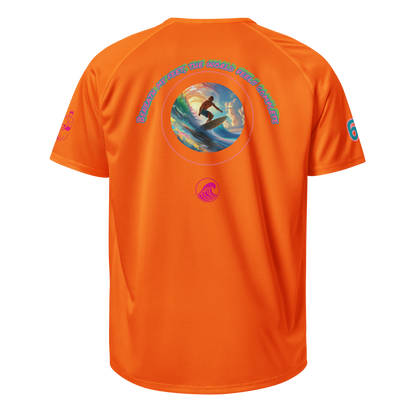 Neon orange sports jersey back with circular wave graphic and SurfLegend logo