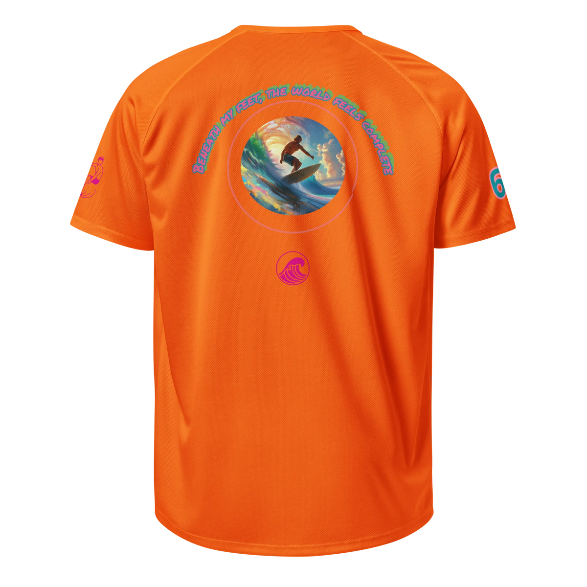 Neon orange sports jersey back with circular wave graphic and SurfLegend logo