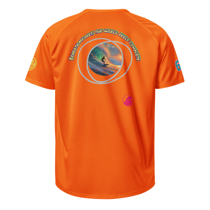 Neon orange sports jersey back with circular surf graphic and slogan