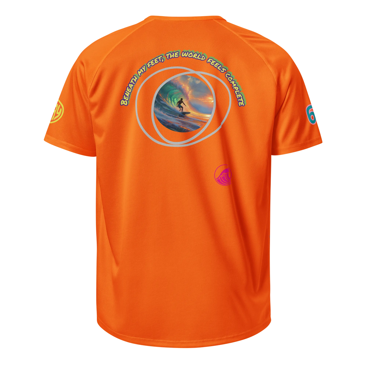 Neon orange sports jersey back with circular surf graphic and slogan