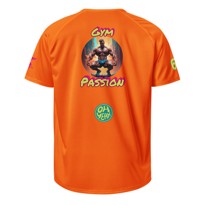 Unisex-Sportsjersey, orange, Rückansicht mit „Gym Passion“-Grafik